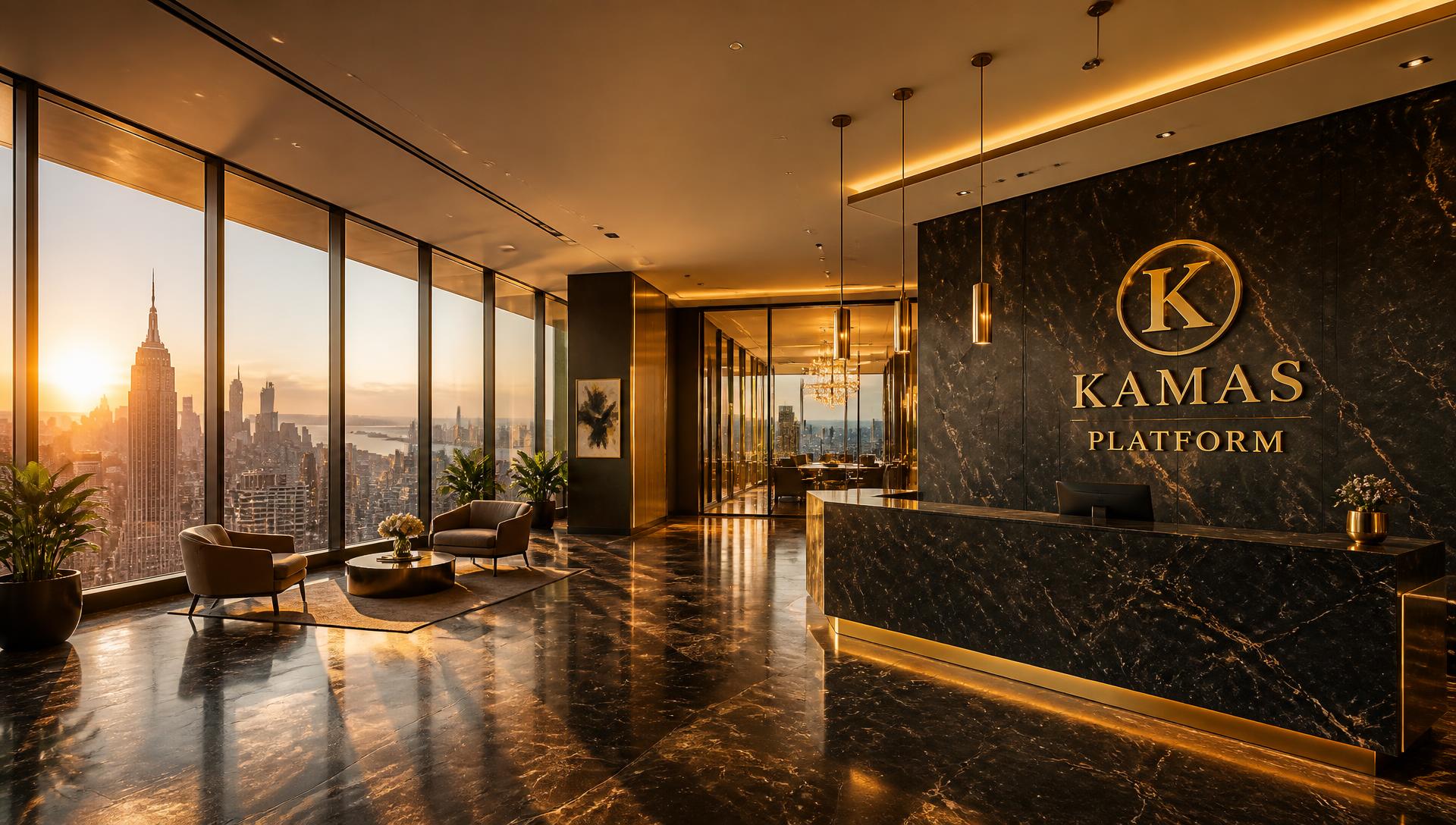 KAMAS Platform wide luxury New York office lobby with golden lighting, floor-to-ceiling skyline windows, and gold K / KAMAS / PLATFORM monogram on black marble wall